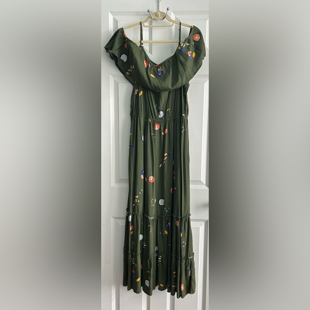 a.n.a Olive Green Floral Maxi Dress with‎ Ruffled Off-Shoulder